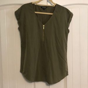 Army green top with front gold zipper detailing